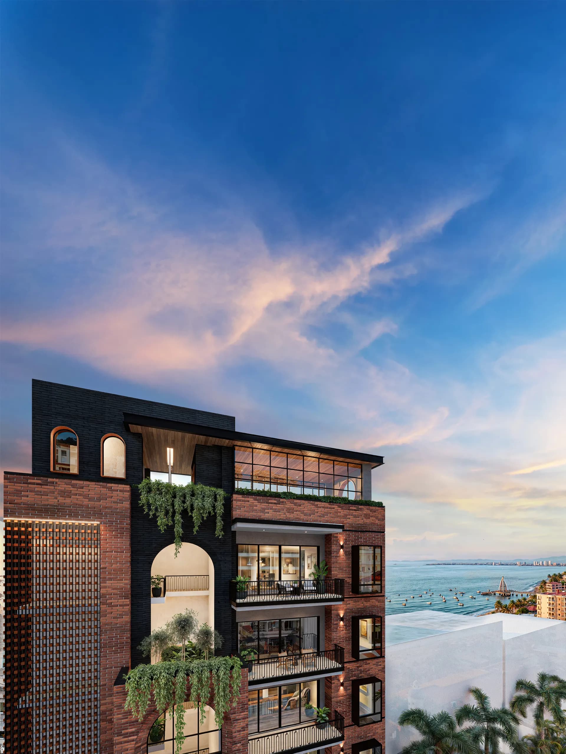Architectural exterior rendering of Amapas 314 building facade in Puerto Vallarta featuring brickwork, dark modern arches, lush hanging greenery, private balconies, and rooftop terrace overlooking Banderas Bay