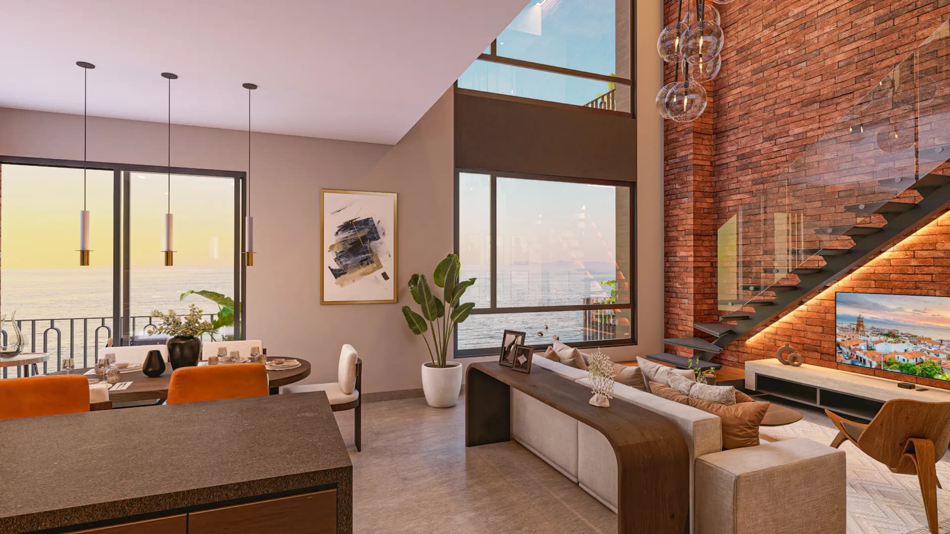 Double-height living and dining area in a two-level loft at Amapas 314 with exposed brick wall, floating staircase, ocean views, and contemporary finishes