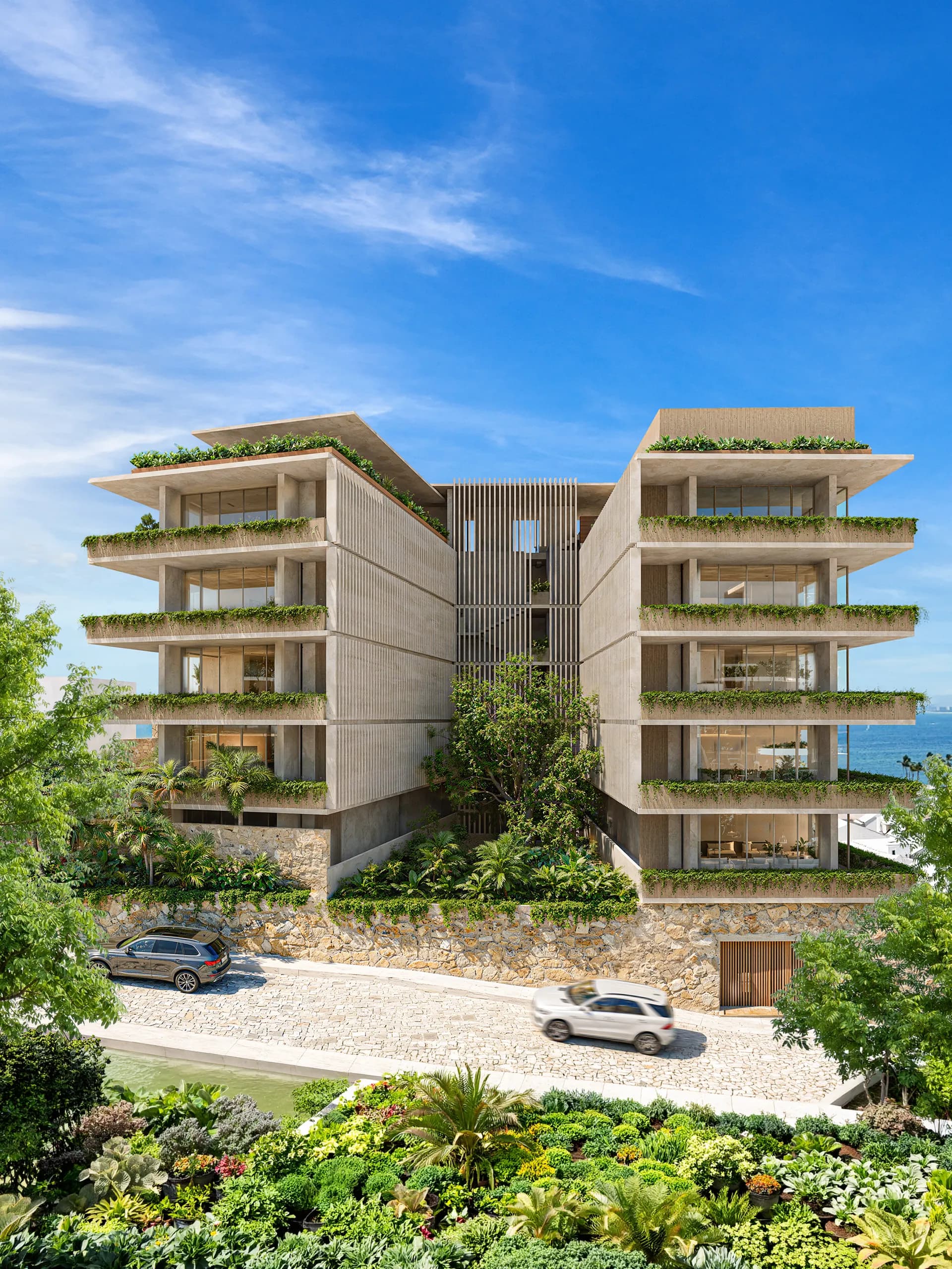 Architectural rendering of the Artwalk Residences building front featuring modern concrete design, stone base wall, vertical wooden louvers, private balconies with lush greenery, and ocean view
