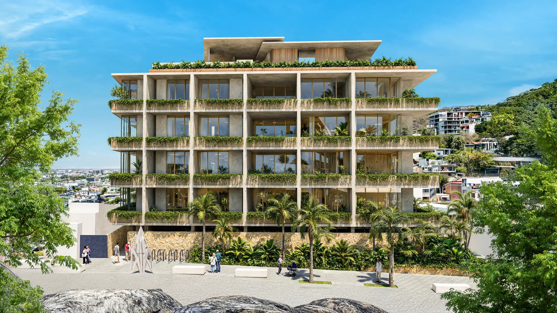 Full frontal architectural rendering of Artwalk Residences displaying grid facade design, planters integrated into private terraces, street-level public plaza with landscaping, sculpture, and palm trees against the hillside