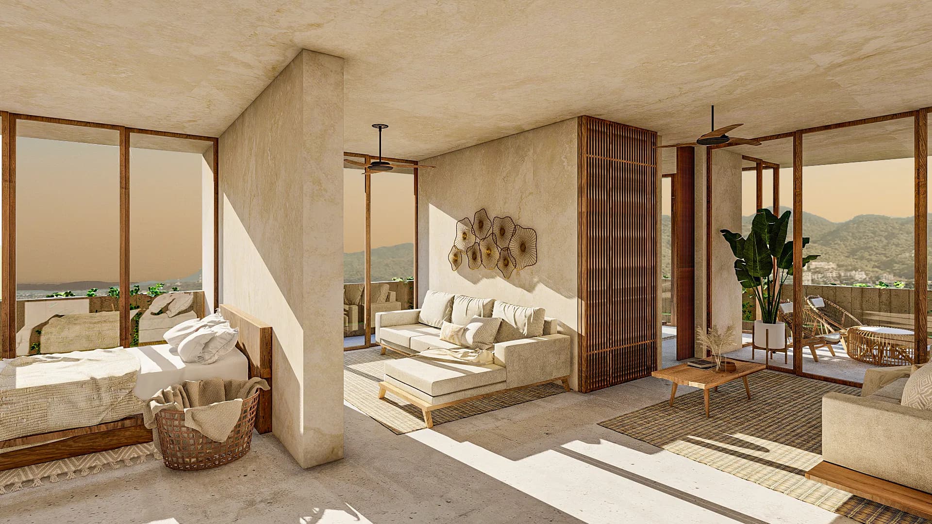 Interior architectural rendering of a modern condo unit featuring warm neutral tones, soft plaster walls, wooden floor-to-ceiling glass doors, private terrace access, and mountain views